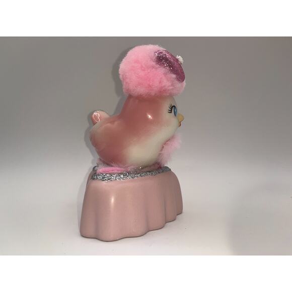 Vintage Pink Ceramic Bird Valentine Day Pink Heart Poofy Hat Fur Princess OOAK - Picture 11 of 16